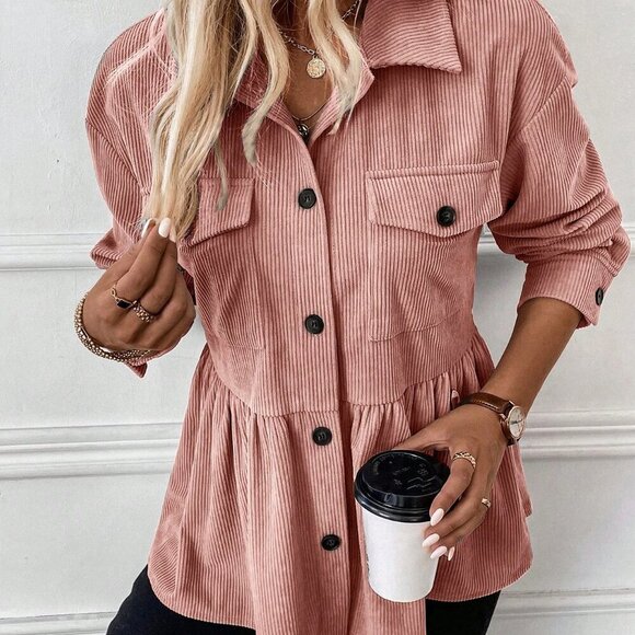 Jackets & Blazers - Baby Pink Casual Women's Front Button Ruffled Hem Jacket